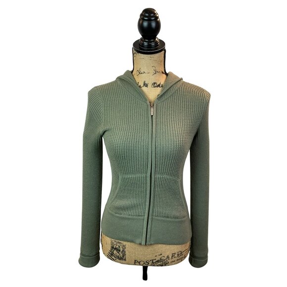 Vince Waffle Knit Hooded Jacket  Zip-Up Sage Green Womens Small 100% Cotton - Picture 2 of 13